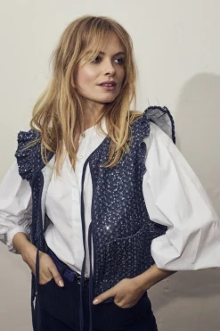 CO' COUTURE Sequin Denim Vest Denim Blue
